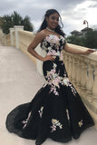 New Fashion Pink Flowers Embroidery Mermaid Black Prom Dresses Evening Gown Formal Dress