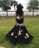 New Fashion Pink Flowers Embroidery Mermaid Black Prom Dresses Evening Gown Formal Dress