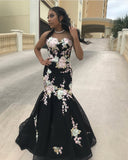 New Fashion Pink Flowers Embroidery Mermaid Black Prom Dresses Evening Gown Formal Dress