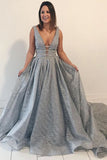 New Arrival Grey Lace Deep V Neck Plus Size Prom Dresses Evening Gown Formal Dress