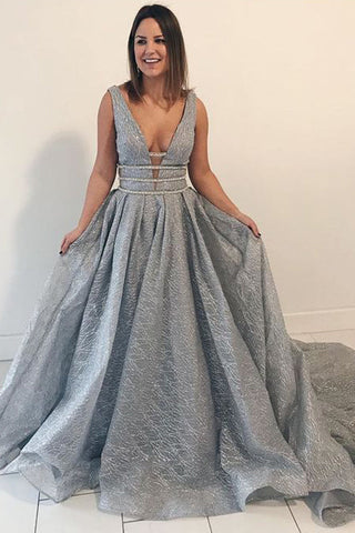 New Arrival Grey Lace Deep V Neck Plus Size Prom Dresses Evening Gown Formal Dress
