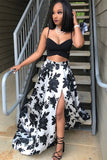 New Arrival Spaghetti Straps 2 Pieces Black Split Long Sexy Prom Dresses Formal Party Dress