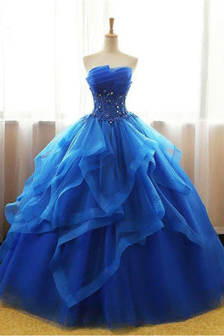 Luxurious Royal Blue Ball Gown Lace Appliques Tiered Prom Dresses Formal Quinceanera Dress