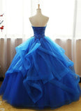 Luxurious Royal Blue Ball Gown Lace Appliques Tiered Prom Dresses Formal Quinceanera Dress