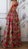 New Arrival V Neck See Through Red Flowers Long Prom Dresses Formal Party Dress