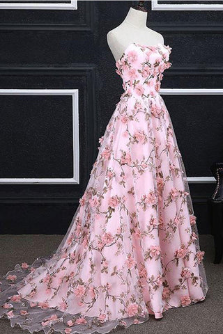 A Line Strapless Blush Pink Lace Flowers Long Prom Dresses Formal Evening Gown Dress