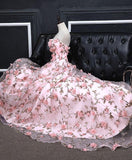 A Line Strapless Blush Pink Lace Flowers Long Prom Dresses Formal Evening Gown Dress