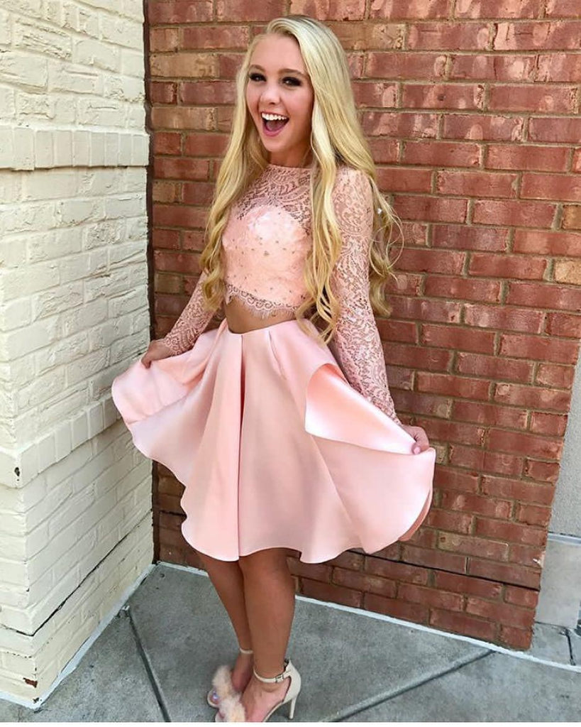 2 Pieces Long Sleeves Pink Lace Satin Homecoming Dresses Short Prom Dress