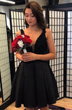 Off the Shoulder A Line Deep V Neck Black Lace Cheap Homecoming Dresses Short Prom Dress