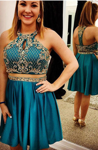 Chic Two Pieces Halter Backless Green Beaded Homecoming Dresses Short Prom Dress