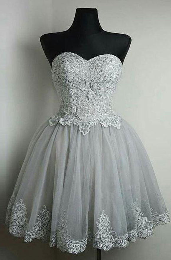 A Line Sweetheart Lace Appliques Grey Homecoming Dresses Short Prom Dress