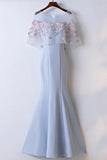 Fashion Appliques Flowers Light Blue Mermaid Prom Dresses Long Evening Formal Dress