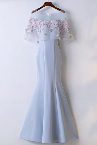 Fashion Appliques Flowers Light Blue Mermaid Prom Dresses Long Evening Formal Dress