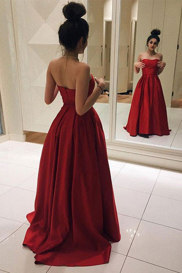 Red Satin Elegant Strapless A Line Evening Gowns Prom Dresses