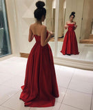 Red Satin Elegant Strapless A Line Evening Gowns Prom Dresses
