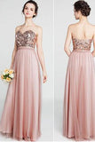 A Line Sequin Blush Pink Sweetheart Long Cheap Bridesmaid Dresses Prom Formal Dress
