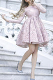 Long Sleeves Pink Lace Empire Waist Short Homecoming Dresses Prom Graduation Dress