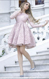 Long Sleeves Pink Lace Empire Waist Short Homecoming Dresses Prom Graduation Dress