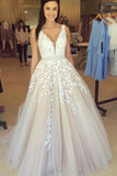 V Neck Hot Sales White Lace Beaded Ball Gown Evening Prom Dresses