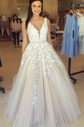 V Neck Hot Sales White Lace Beaded Ball Gown Evening Prom Dresses