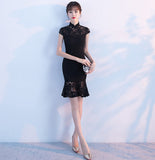 Cap Sleeves Black Lace Mermaid Stand Collar Short Homecoming Dresses Prom Dress
