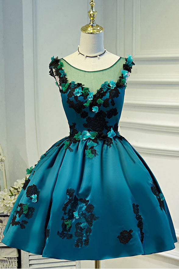 Lace Appliques Flowers Green Satin Ball Gown Homecoming Dresses Short Prom Dress