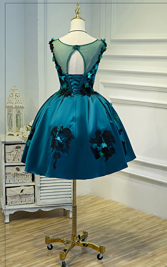 Lace Appliques Flowers Green Satin Ball Gown Homecoming Dresses Short Prom Dress