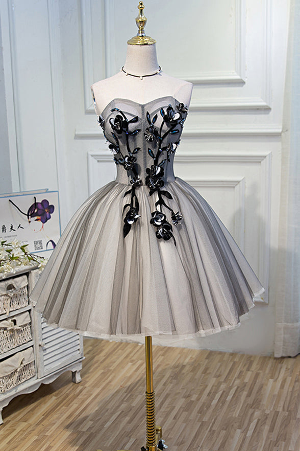 Strapless Grey Ivory Tulle Ball Gown Homecoming Dresses Appliques Short Prom Dress Party