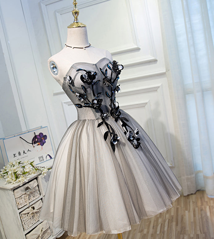 Strapless Grey Ivory Tulle Ball Gown Homecoming Dresses Appliques Short Prom Dress Party