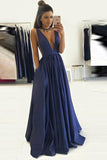 Elegant Deep V Neck Off the Shoulder Dark Blue Evening Gowns Prom Dress