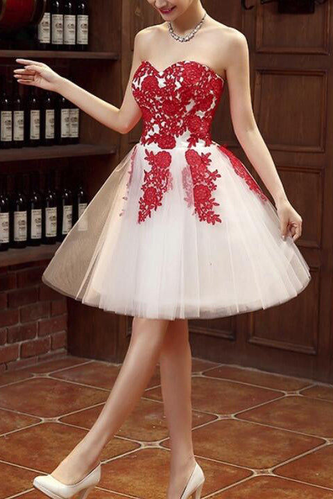 Fashion Strapless Red Lace Appliques Ivory Cheap Homecoming Dresses Short Graduation Dress