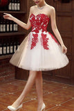 Fashion Strapless Red Lace Appliques Ivory Cheap Homecoming Dresses Short Graduation Dress
