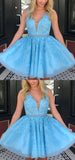 Charming Blue Lace Appliques V Neck Pearl Short  Homecoming Dress Prom Graduation Dresses