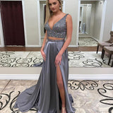 Grey Two Piece V Neck Beads Slit Long Evening Gowns Prom Dresses