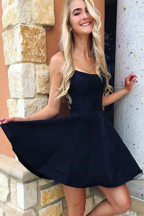 Elegant Open Back Black Spaghetti Straps Short Homecoming Dress Prom Graduation Dresses