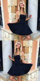 Elegant Open Back Black Spaghetti Straps Short Homecoming Dress Prom Graduation Dresses