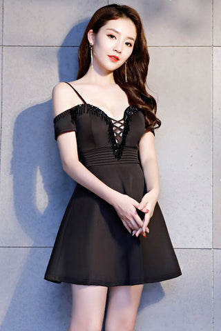 New Arrival Deep V Neck Spaghetti Straps Short Black Homecoming Dresses Prom Dress