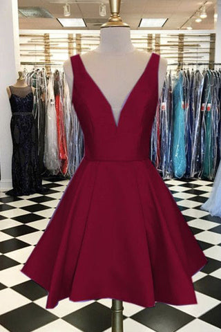 Simple V Neck Burgundy Satin Cheap Homecoming Dresses Short Graduation Prom Dress