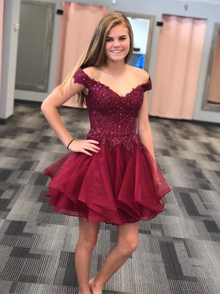 Burgundy Lace Off the Shoulder Beaded Mini Homecoming Dresses Hoco Prom Dress