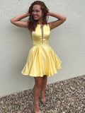 New Arrival Deep V Neck Yellow Satin Cheap Homecoming Dresses Short Hoco Prom Dress