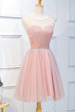 Elegant Pink Tulle Open Back Ruffles Beaded Homecoming Dresses Short Prom Dress