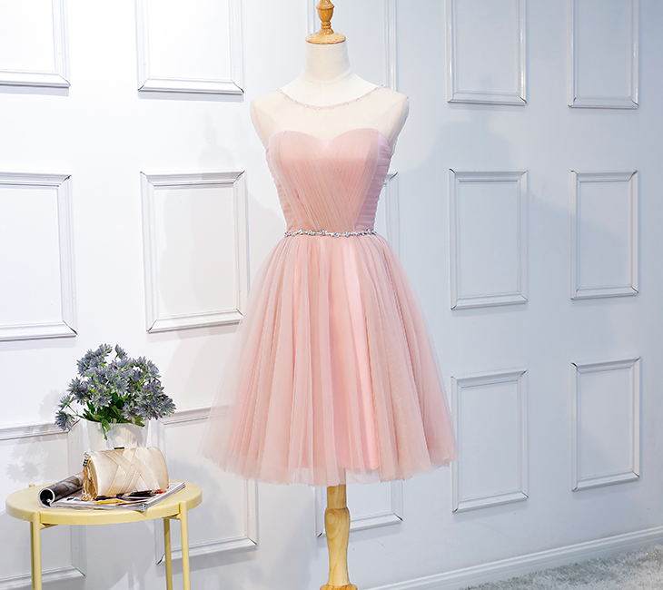 Elegant Pink Tulle Open Back Ruffles Beaded Homecoming Dresses Short Prom Dress