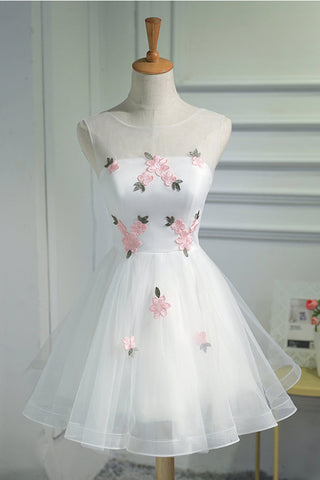 New Arrival White Tulle Pink Flowers Princess Homecoming Dresses Graduation Prom Dress