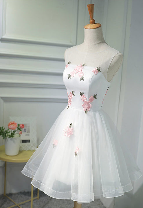 New Arrival White Tulle Pink Flowers Princess Homecoming Dresses Graduation Prom Dress