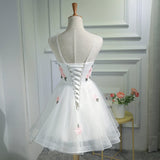 New Arrival White Tulle Pink Flowers Princess Homecoming Dresses Graduation Prom Dress