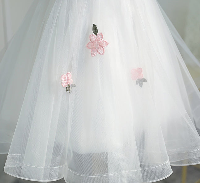 New Arrival White Tulle Pink Flowers Princess Homecoming Dresses Graduation Prom Dress