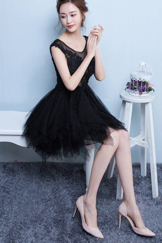 Fashion Cap Sleeves Black Lace Tulle High Low Skirt Homecoming Dresses Short Prom Dress