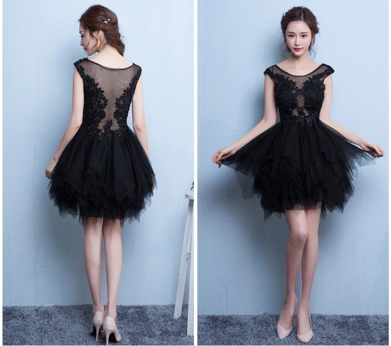 Fashion Cap Sleeves Black Lace Tulle High Low Skirt Homecoming Dresses Short Prom Dress