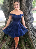Sexy Off the Shoulder Dark Blue Lace Homecoming Dresses Short Hoco Prom Dress