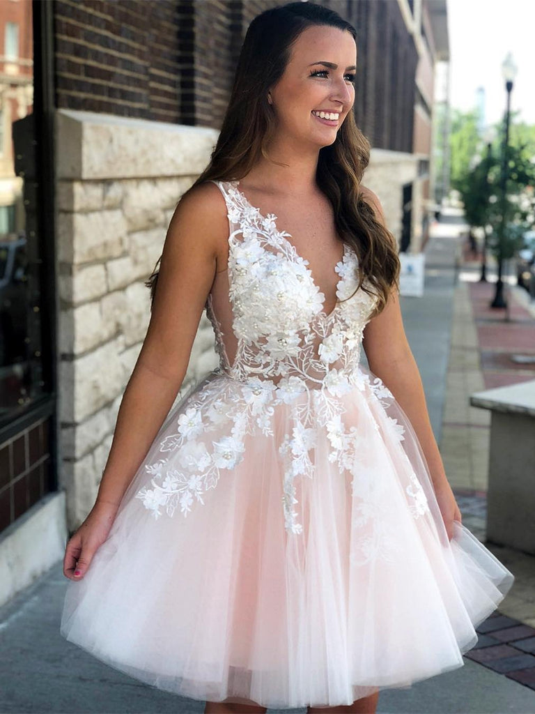 V Neck Lace See Through White Short Homecoming Dresses Off the Shoulder Hoco Prom Dress